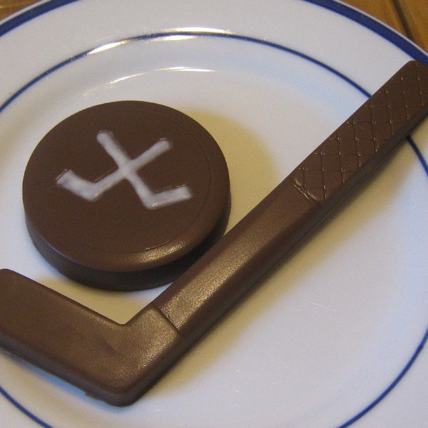 Solid chocolate hockey stick and hockey puck