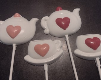 One dozen teacup and teapot lollipop suckers with heart motif party favors