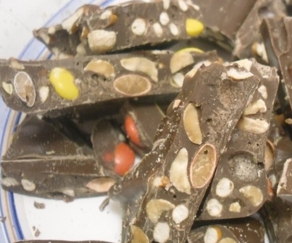 Peanut Butter Pieces, Peanuts, and pretzel pieces bark