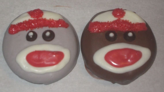 Sock Monkey design chocolate covered sandwich cookie party favors