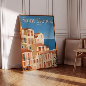 Saint-Tropez Francia - Póster de arte retro contemporáneo, póster digital, arte de pared exclusivo para Saint-Tropez, idea de regalo para decoración moderna