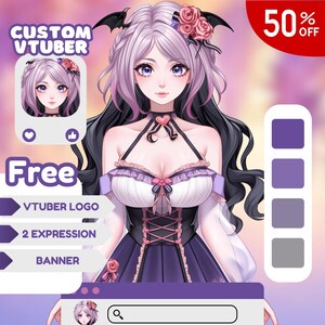 May include: A digital illustration of an anime character with purple hair, bat ears and a pink flower crown. The character is wearing a white and purple dress with a black corset. The image includes the text "Custom VTuber" and "Free" with a list of features: "VTuber Logo", "2 Expression", and "Banner".
