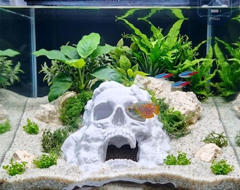 Cueva de calavera para acuario con forma de tumba del hombre muerto, túnel de sustrato para decoración de acuarios, refugio para peces y camarones, adorno subterráneo para tanque impreso en 3D