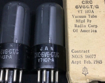 Excelente par de tubos de vacío para amplificador RCA 6V6GT VT 107A de vidrio ahumado, probados (C.9576).