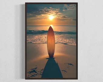 Surfboard Sunset Digital Download, Tropical Beach Art, Coastal Wall Decor, Surfing Print