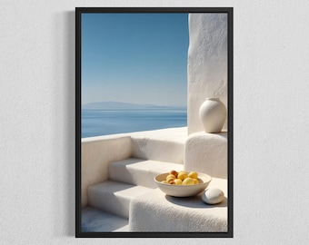 Mediterranean Coastal Wall Art, Digital Download, Santorini White Architecture Print, Blue Sea View Decor