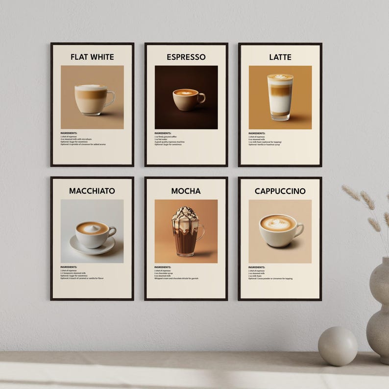May include: Six printable posters with illustrations of different coffee drinks, including flat white, espresso, latte, macchiato, mocha, and cappuccino. Each poster has the name of the drink at the top and a list of ingredients below the illustration.
