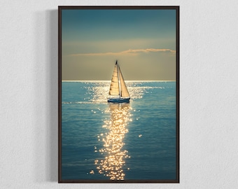 Sailing Sunset Wall Art Digital Download, Ocean Reflection Print, Nautical Wall Decor