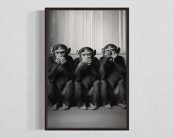 Three Monkeys Wall Art, Digital Download, Fun Jungle Monkey Print, Tropical Home Decor