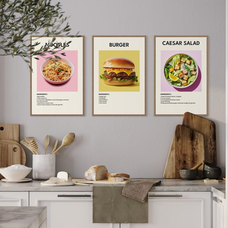artsy kitchen print, food recipe print, print... Food Prints Set, Minimalist Kitchen Art, , DIGITAL DOWNLOAD - Etsy