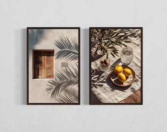Mediterranean Wall Art Set, Olive Branch & Lemon Still Life Prints, Neutral Coastal Decor, 2 Prints, Digital Download