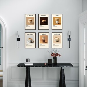 May include: Six framed prints of different coffee drinks, including flat white, espresso, latte, macchiato, mocha, and cappuccino. The prints are hung on a white wall above a black marble console table with a vase of red flowers.