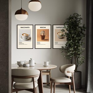 May include: Three framed prints of coffee drinks with the names "Macchiato", "Mocha", and "Cappuccino" printed below each image. The prints are hanging on a light gray wall above a wooden table with two chairs.