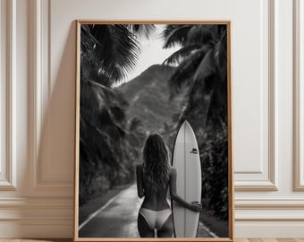 Black and White Surfer Girl Print, Coastal Art (Digital Download)