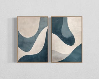 Láminas artísticas abstractas de olas azules: Decoración minimalista costera (descarga digital)