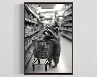 Whimsical Raccoon DIGITAL DOWNLOAD, Funny Animal Wall Art, Gray Raccoon Illustration Print