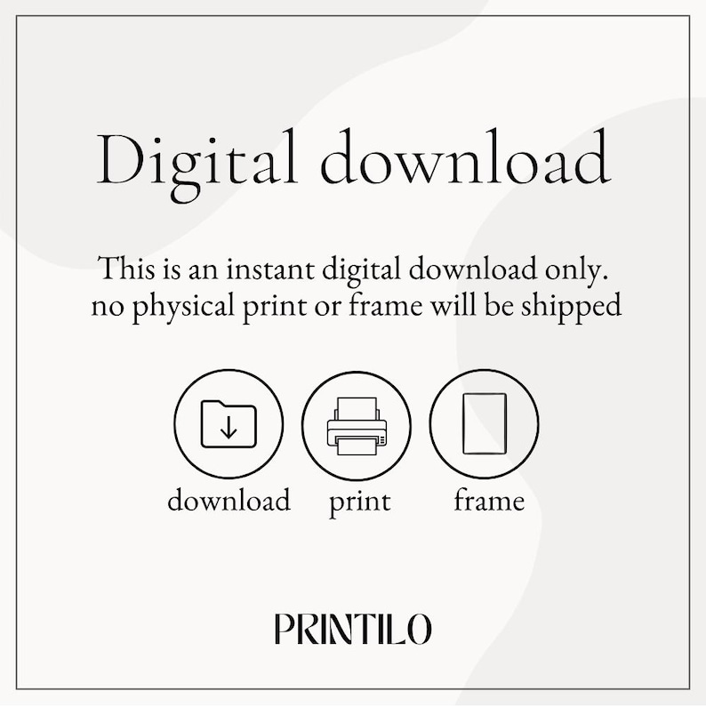 Puede incluir: Gr&aacute;fico de descarga digital color crema con el texto "Descarga digital". Debajo, se indica: "Esta es solo una descarga digital instant&aacute;nea. No se enviar&aacute; ninguna impresi&oacute;n o marco f&iacute;sico". Se incluyen iconos para descargar, imprimir y enmarcar.
