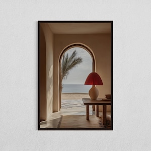 Descarga digital de interiores mediterráneos, arte mural costero, impresión de ventana arqueada, decoración neutra del hogar, fotografía de vista a la playa