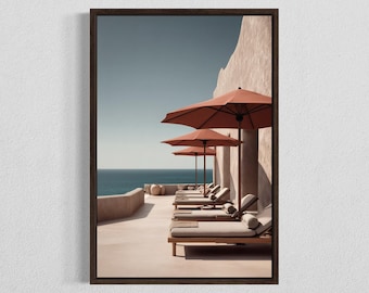 Mediterranean Coastal Wall Art, Luxury Beach Resort Print, Poolside Umbrellas (Digital Download)