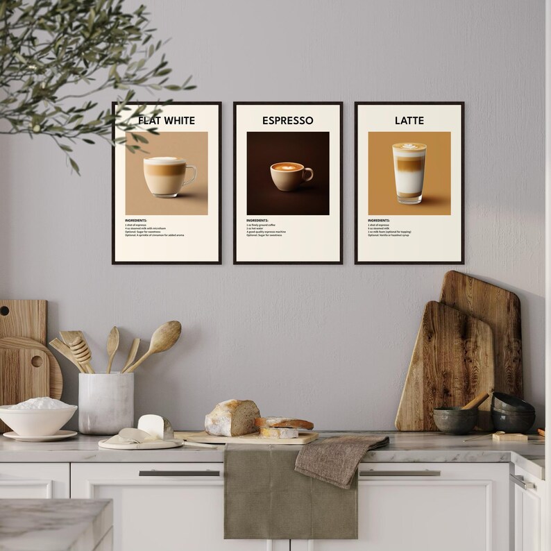 May include: Three minimalist posters with illustrations of coffee drinks. The posters are titled "Flat White", "Espresso", and "Latte". Each poster includes a description of the ingredients and a visual representation of the drink.