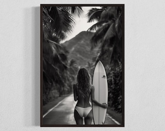 Black and White Surfer Girl Print: Boho Beach Wall Art (Digital Download)