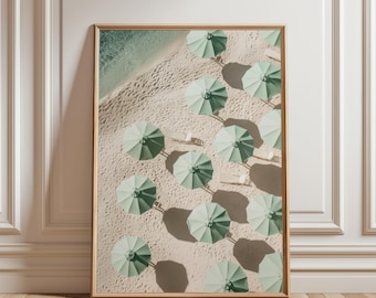 Green Beach Umbrella Aerial Print, Coastal Wall Art, DIGITAL DOWNLOAD