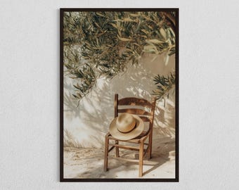 Straw Hat Chair DIGITAL DOWNLOAD, Mediterranean Summer Wall Art, Olive Tree Print