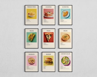 Set of 9 Food Prints Classic Kitchen Wall Art Minimalist Culinary Decor Digital Download Gourmet Food Art Dining Room Decor Modern Prints