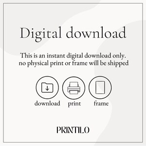 Puede incluir: Gr&aacute;fico de descarga digital con iconos para descargar, imprimir y enmarcar. El texto dice "Descarga digital. Esta es una descarga digital instant&aacute;nea &uacute;nicamente. No se enviar&aacute; ninguna impresi&oacute;n f&iacute;sica o marco." El texto "PRINTILO" est&aacute; en la parte inferior del gr&aacute;fico.