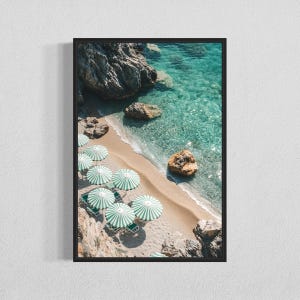 Tropical Beach Umbrella Art, Digital Download, Coastal Ocean Print, Green Summer Wall Decor
