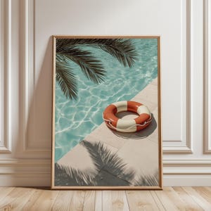 Póster de piscina de los años 70, impresión de palmeras para piscina, arte mural con boyas, descarga digital, impresión retro de verano, decoración vintage para piscinas.