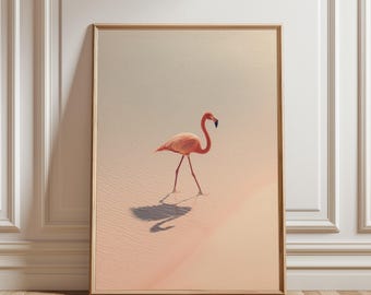 May include: A framed art print featuring a flamingo walking across a sandy landscape. The flamingo is a vibrant pink with a black beak, and its shadow stretches across the sand. The artwork has a warm, neutral color palette.