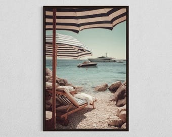 Mediterrane luxejacht strandparasol, Riviera Coastal Travel Wall Art, zomerdecor DIGITALE DOWNLOAD