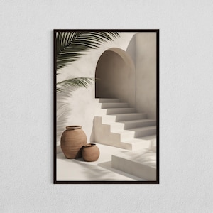 May include: A white archway with a set of stairs leading up to a doorway. Two terracotta pots sit in front of the archway, one larger than the other.