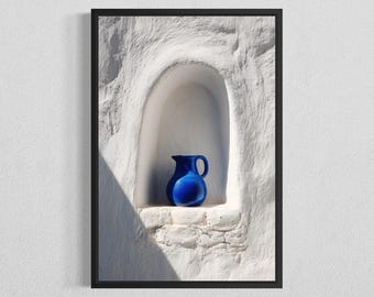 Mediterranean Blue Vase Wall Art, Digital Download, Santorini White Architecture Print, Minimal Coastal Decor
