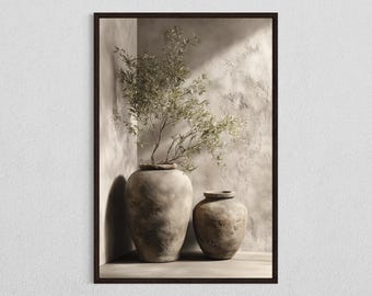 Warm Terracotta Rustic Olive Vase Print, Boho Shadow Wall Art, Home Decor DIGITAL DOWNLOAD
