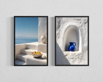Mediterranean Wall Art Set, Santorini White Architecture & Blue Vase Prints, Coastal Decor, Digital Download