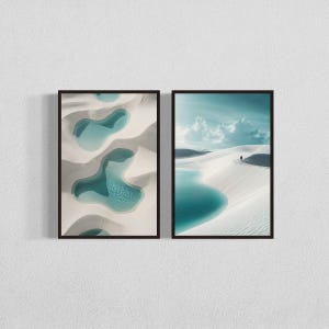 May include: Two framed photographs of a white sand desert landscape with turquoise blue pools of water. The first photo shows a close-up of the pools, while the second photo shows a wider view of the desert with a single person walking in the distance.