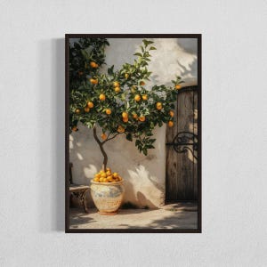 May include: A potted lemon tree with ripe yellow lemons in a terracotta pot with blue and white designs. The tree is growing against a white wall with a wooden door and a wrought iron gate.