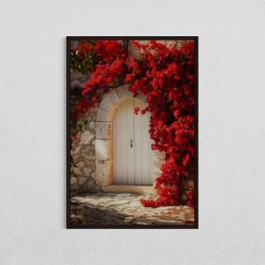 Mediterranean Archway DIGITAL DOWNLOAD, Red Bougainvillea Print, Rustic Door Wall Art, Greek Garden Decor