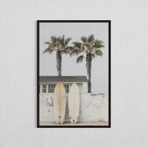 Descarga digital de tabla de surf de playa, arte retro de surf, impresión vertical de tabla de surf, decoración de pared costera