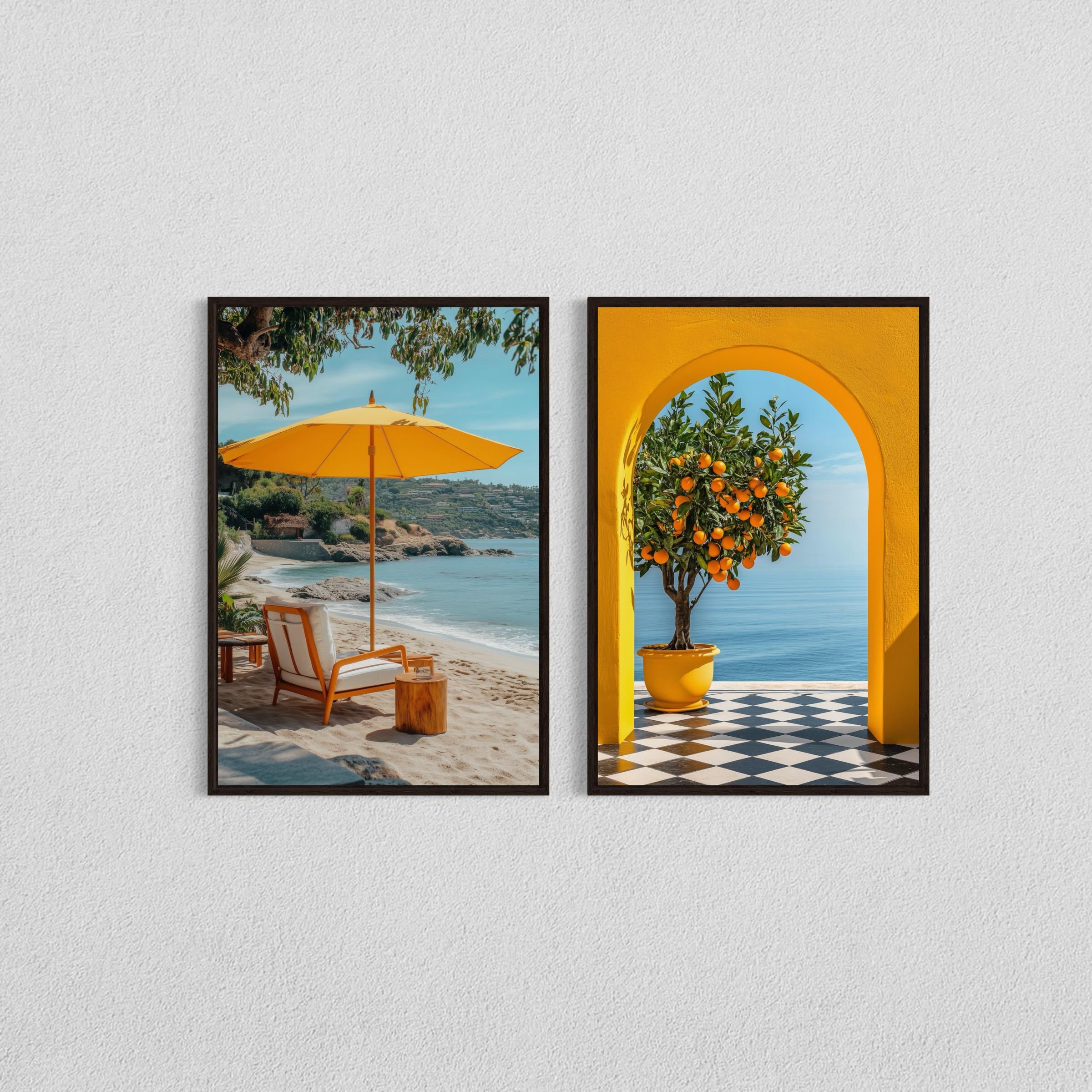 Mediterranean Coastal DIGITAL DOWNLOAD, Yellow Umbrella & Orange Tree Set, Colorful Summer Beach Wall Art