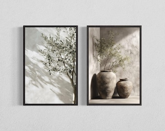 Mediterranean Olive Tree Wall Art Set, Neutral Pottery Decor, Minimal Rustic Prints, Digital Download