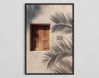 Warm Rustic Mediterranean Window Print, Palm Shadow Wall Art Poster, Home Decor DIGITAL DOWNLOAD