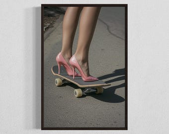 Skateboarding Art Print: Pink Heels on Skateboard (Digital Download)