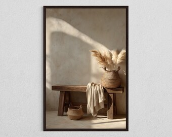 Boho Pampas Grass Print, Rustic Bench Wall Art (Digital Download)
