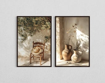 Rustic Chair Wall Art, Mediterranean Pottery Print, DIGITAL DOWNLOAD, Neutral Boho Decor