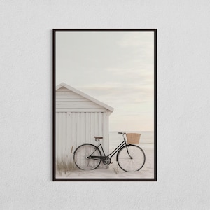 Bicycle Beach Hut Wall Art Digital Download, Coastal Minimalist Print, Seaside Summer Decor