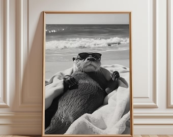 Otter Beach Print, Black and White Animal Art (Digital Download)