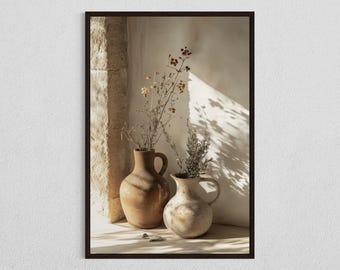 Rustikale Tonvasen DIGITAL DOWNLOAD, mediterraner Schattenwurf, Neutrale Keramik Wand Kunst Dekor